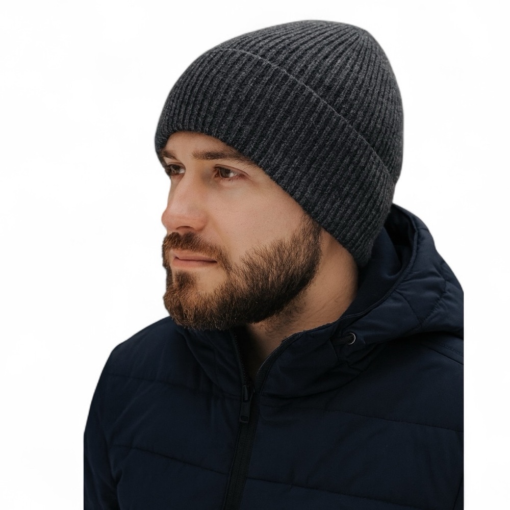 MANGO MAN Wool & Cashmere Ribbed Knit Hat Dark Heather Grey One Size New!